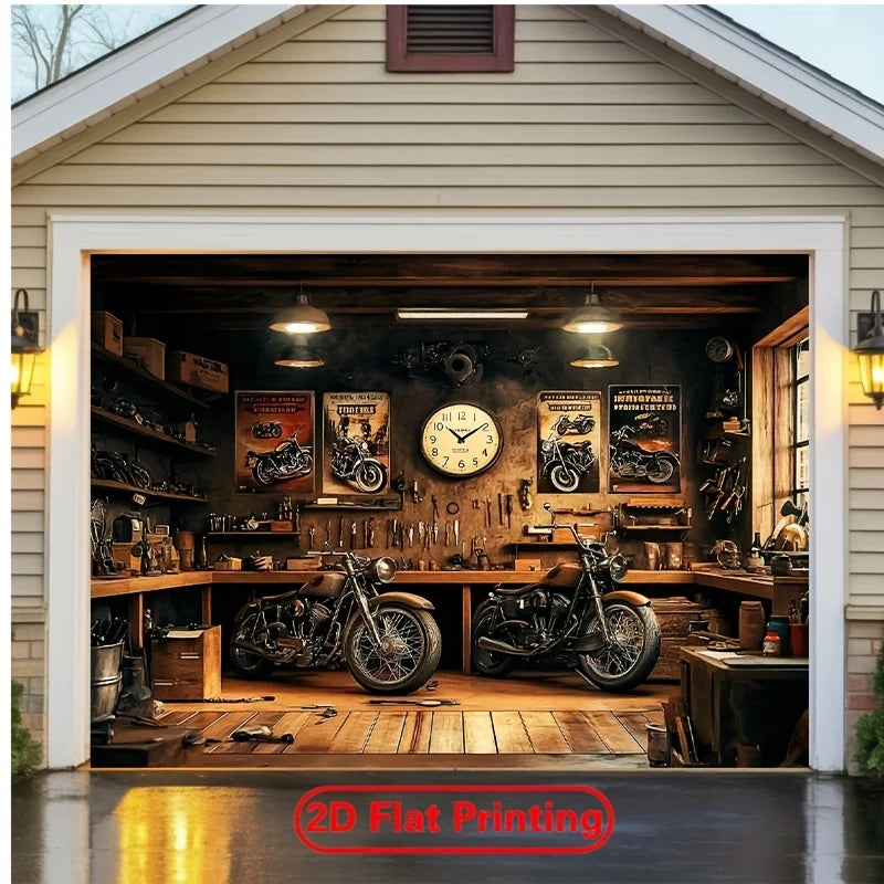 A flat banner depicting a vintage motorcycle garage interior with wooden floors and motorcycles on display.