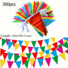 A colorful pennant banner flag decoration featuring a red triangle with green, yellow, and blue stripes.