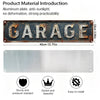 A rectangular, distressed aluminum sign with the word GARAGE cast in relief, shown next to a blank metal plate and icons high