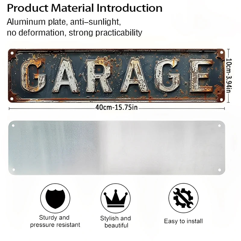 A rectangular, distressed aluminum sign with the word GARAGE cast in relief, shown next to a blank metal plate and icons high