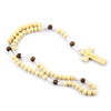 A wooden rosary beads necklace featuring small light wood beads and a gold-colored Jesus crucifix.
