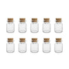 A row of nine clear glass vials with natural cork stoppers arranged in a grid.