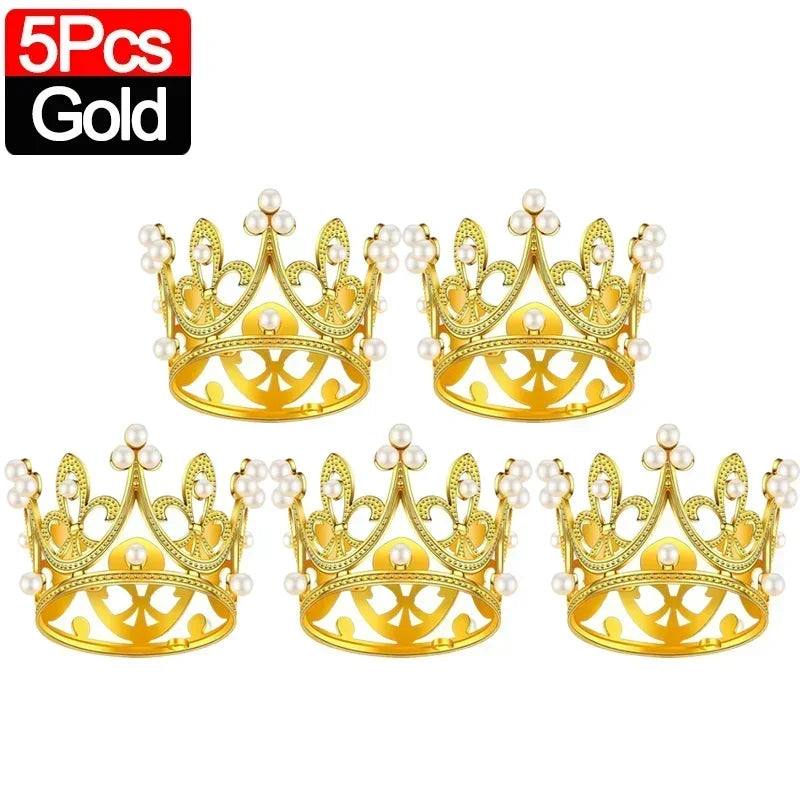Five gold crown cake topper decorations for celebration
