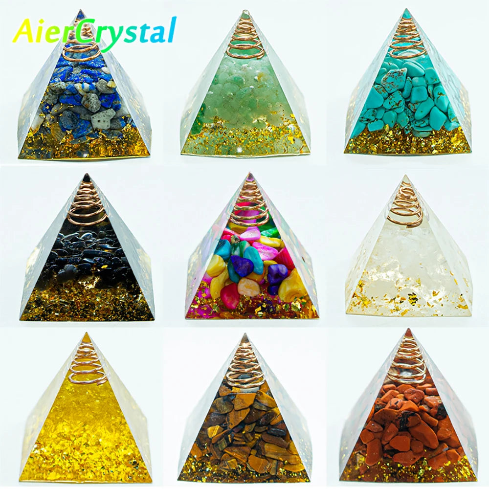 Various pyramid-shaped crystals and stones displayed for Reiki and meditation practices.