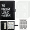 A black leather savings challenge planner featuring a numbered envelope saving challenge tracker and a binder with envelopes.