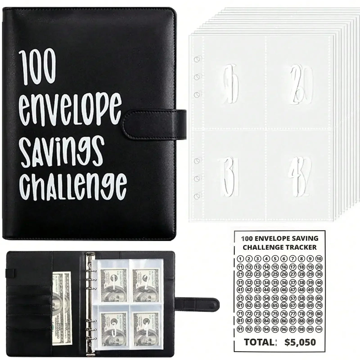 A black leather savings challenge planner featuring a numbered envelope saving challenge tracker and a binder with envelopes.