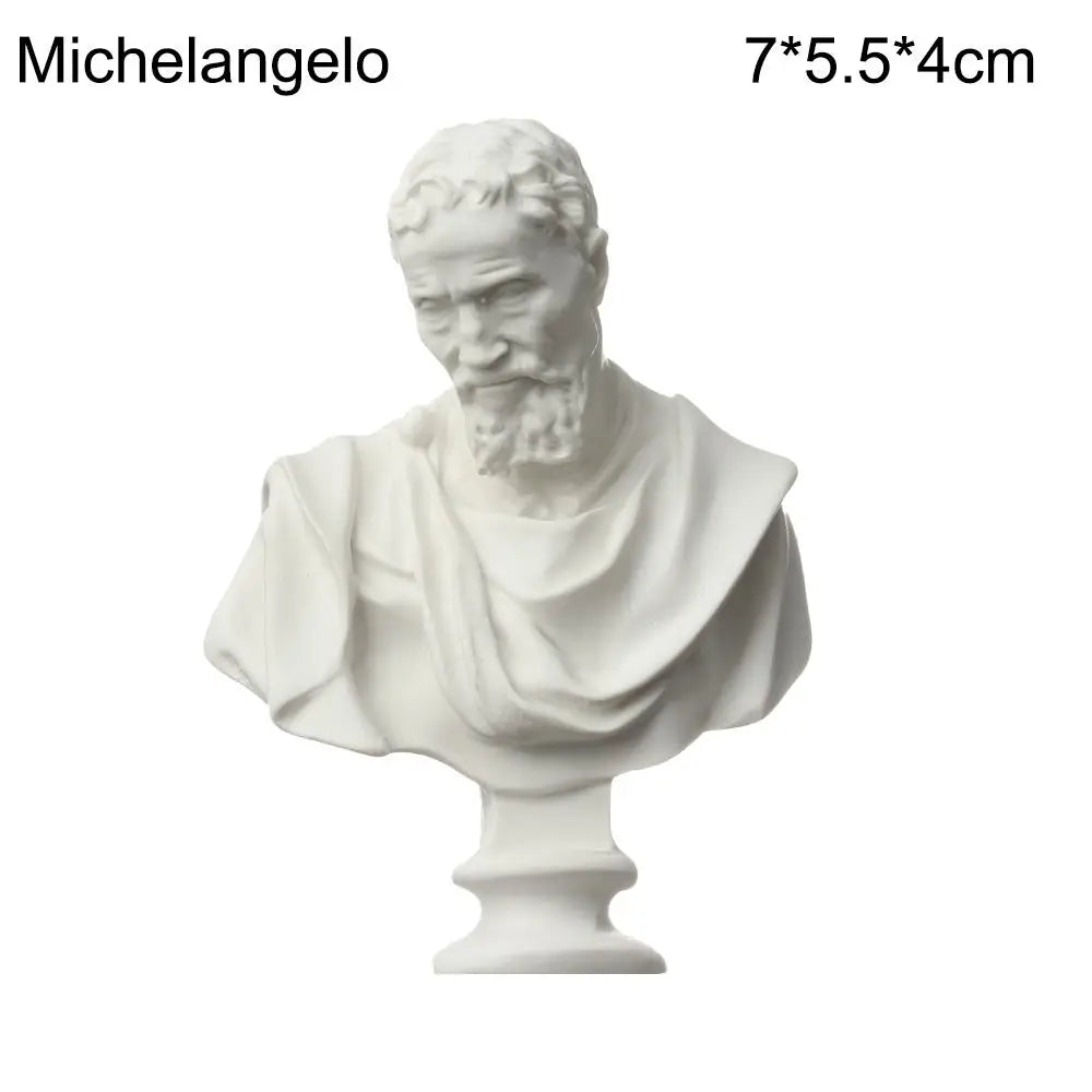 White plaster bust miniature of Michelangelo with a beard and draped clothing on a pedestal.