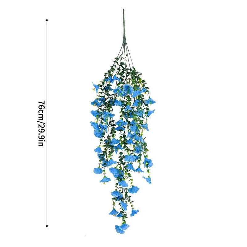 A long, cascading arrangement of blue silk morning glory vine flowers used for home decor.