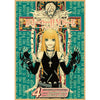 Anime wall art featuring a character with blonde hair and dark clothing surrounded by skeletal elements.