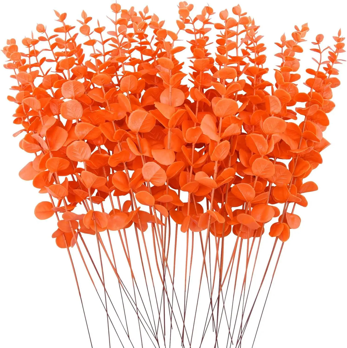 Bright orange artificial eucalyptus leaves arranged on thin stems for home and party decor