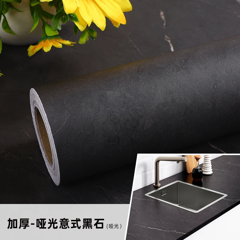 Roll of matte black marble self-adhesive waterproof wallpaper for kitchen and furniture