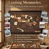 A wooden USA travel map puzzle display featuring state pieces and a timeline keepsake.