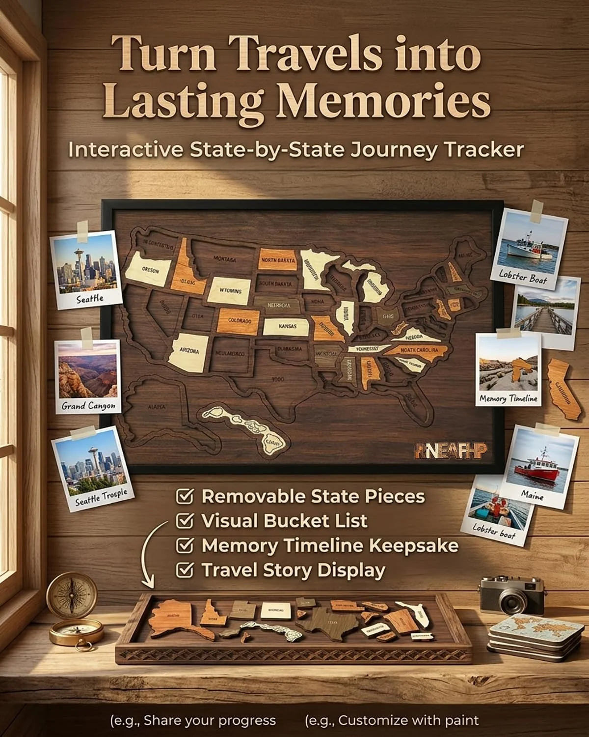 A wooden USA travel map puzzle display featuring state pieces and a timeline keepsake.