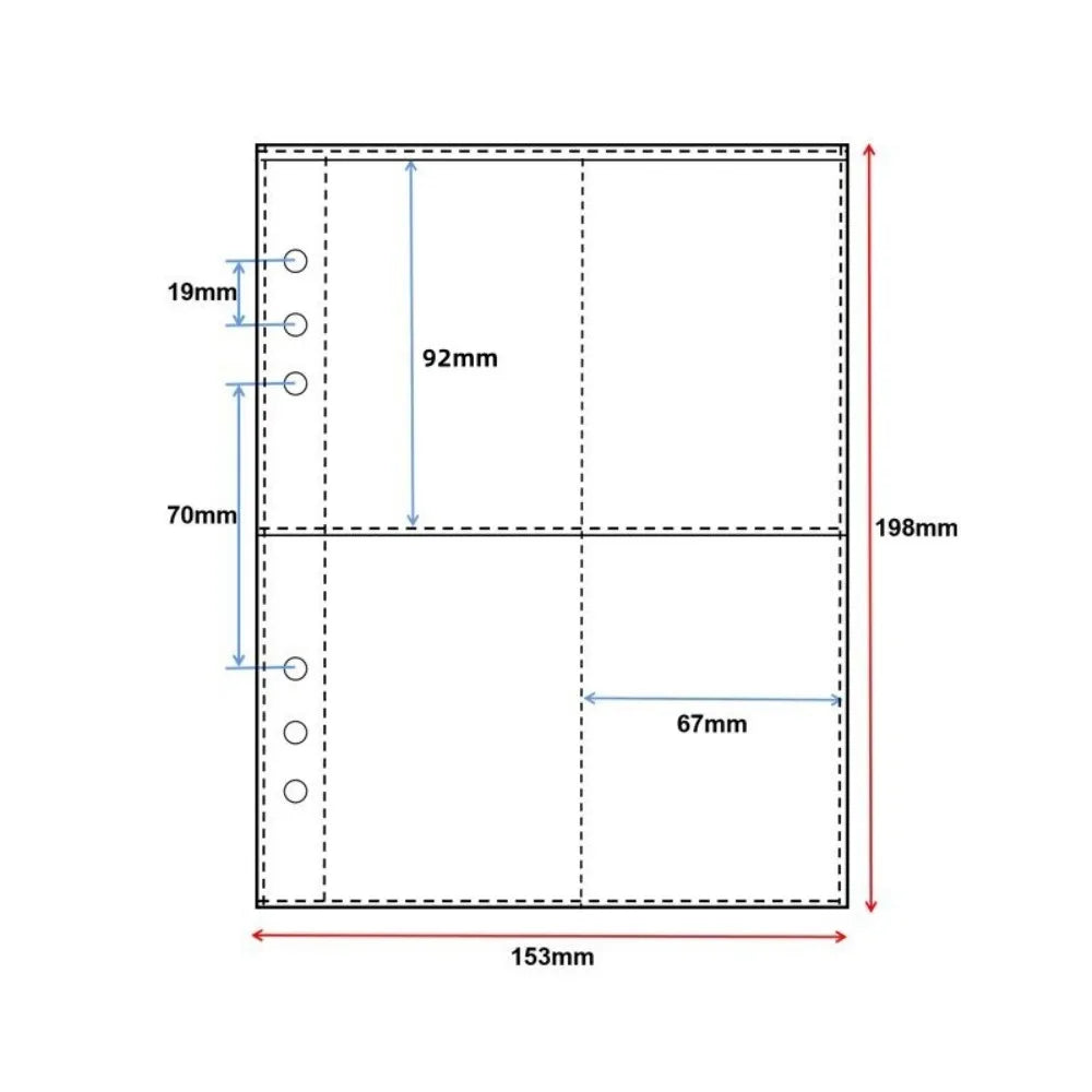 A diagram showing the dimensions of a transparent photocard album with a mushroom hole design.