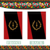 Double-sided display showing the front and back of a black heritage garden flag design.