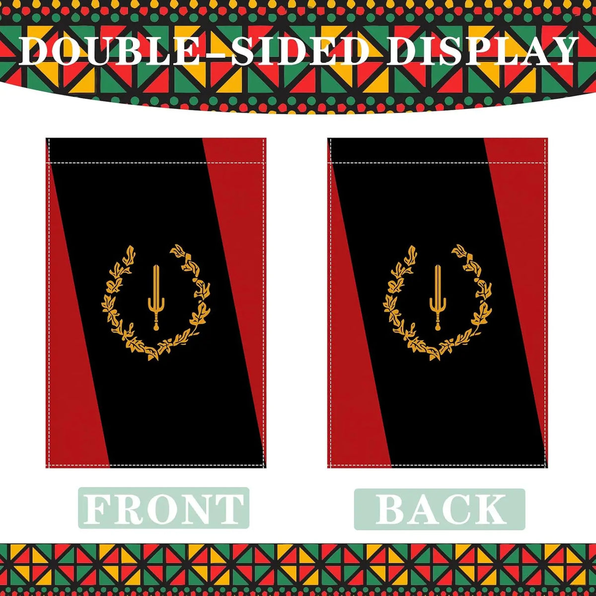 Double-sided display showing the front and back of a black heritage garden flag design.