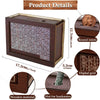 A wooden piggy bank with a digital grid and round inlets for saving money.
