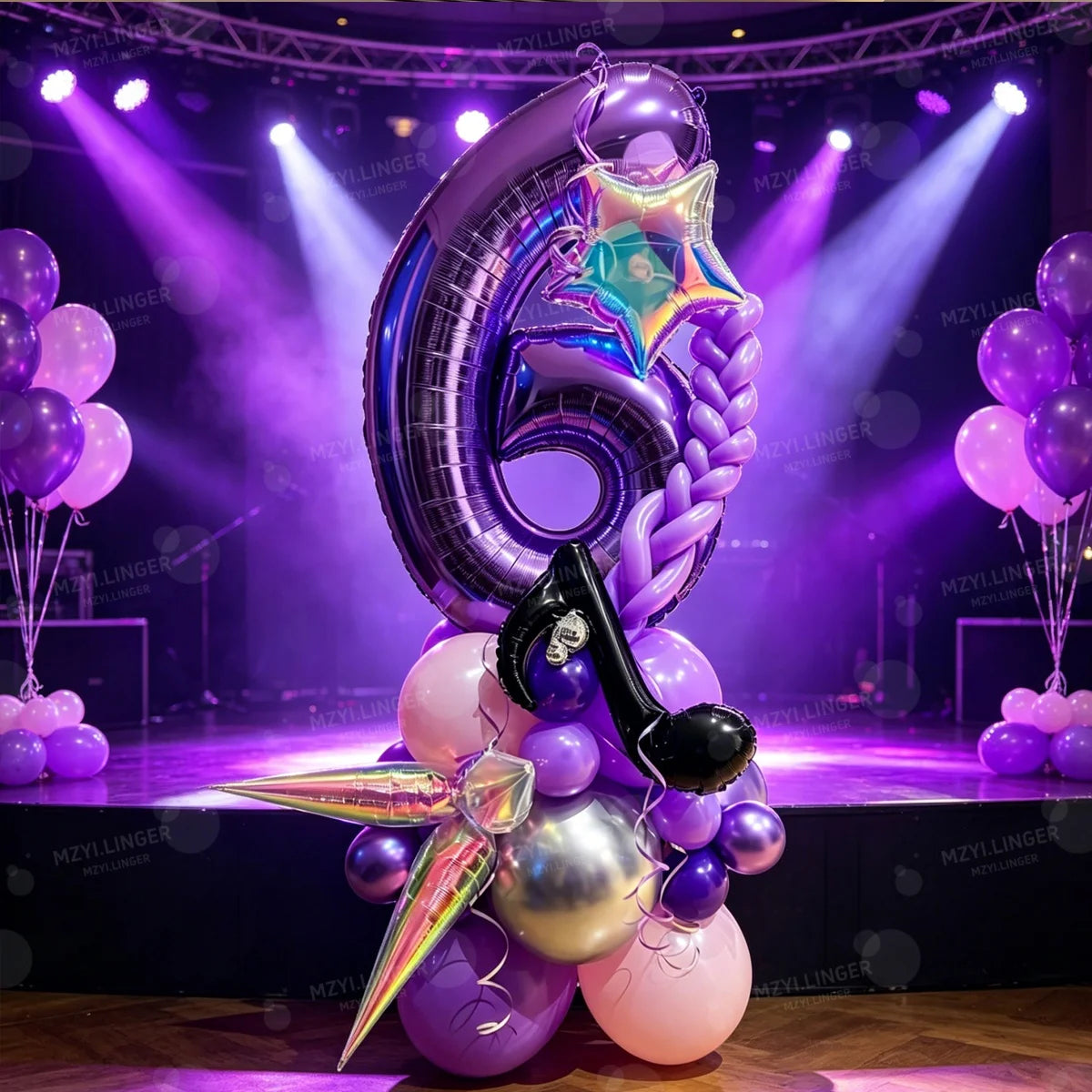 A purple and silver balloon column set shaped like the number 5, decorated with iridescent balloons on a stage.
