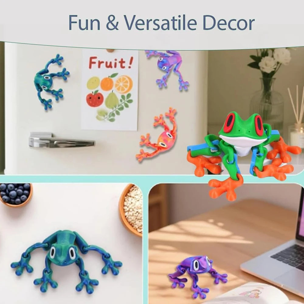A collection of colorful frog fridge magnets featuring various frog designs and fruit themes.