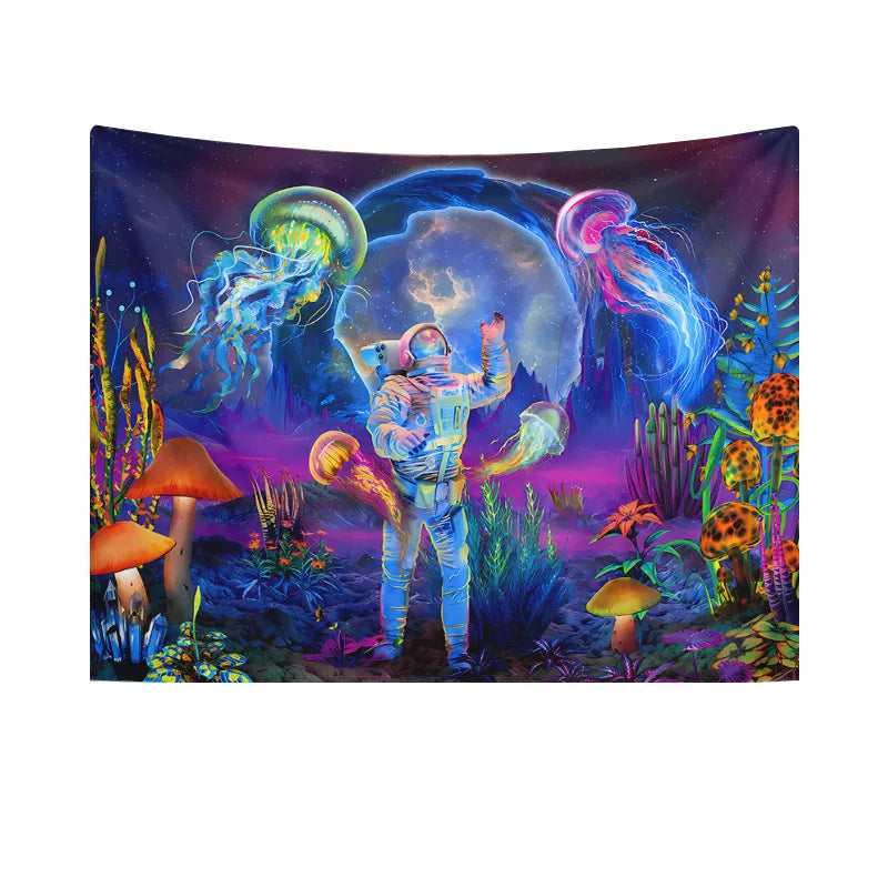 A tapestry featuring an astronaut exploring a psychedelic alien landscape with glowing flora and cosmic nebulas.