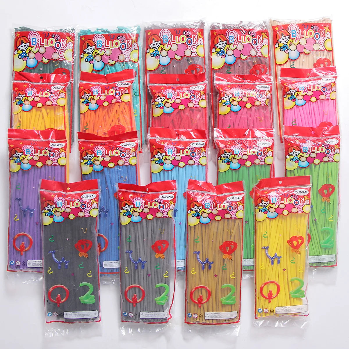 A collection of colorful latex strip balloons in various colors and designs for party decoration.