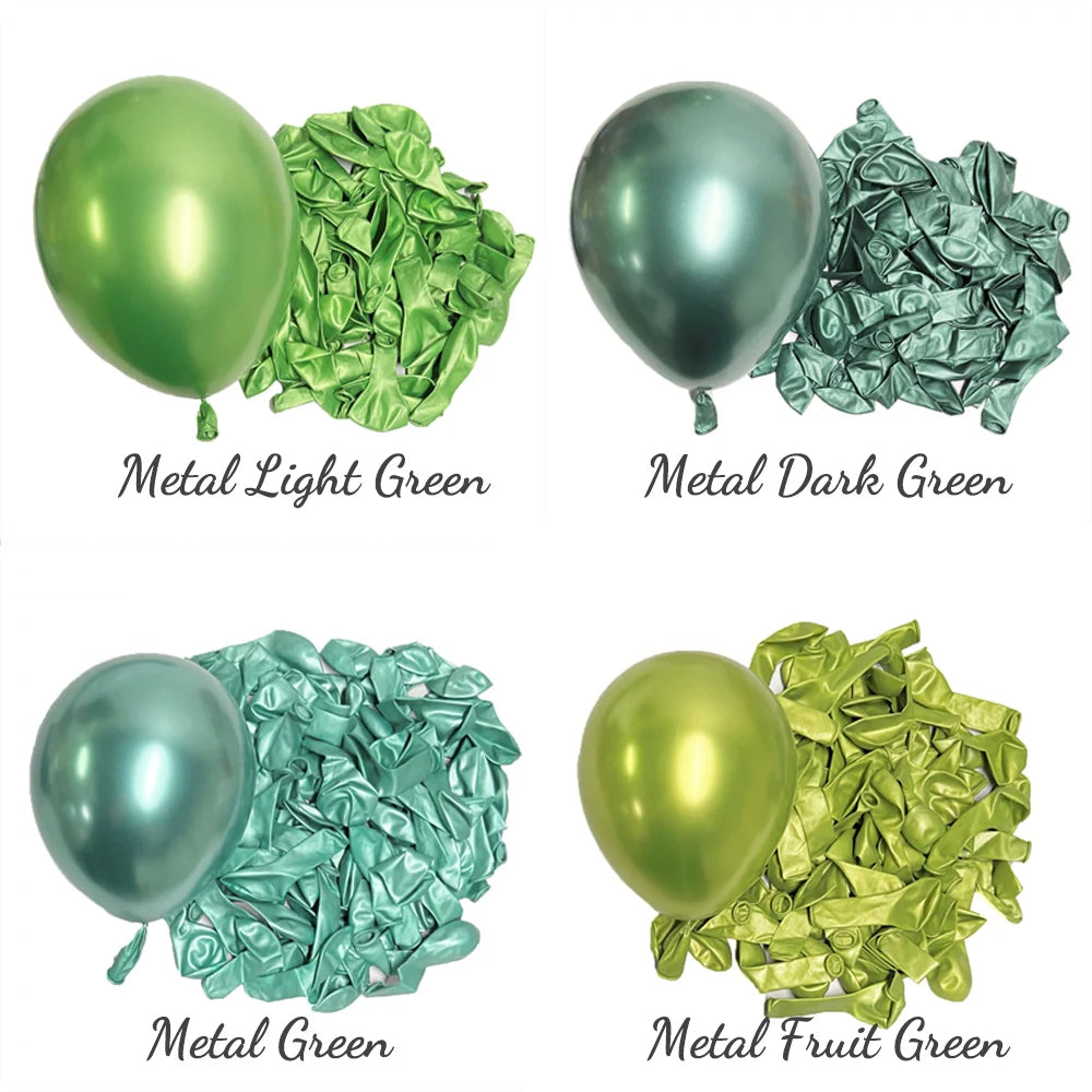 Four metallic latex balloons in various shades of green: light green, dark green, green, and fruit green.