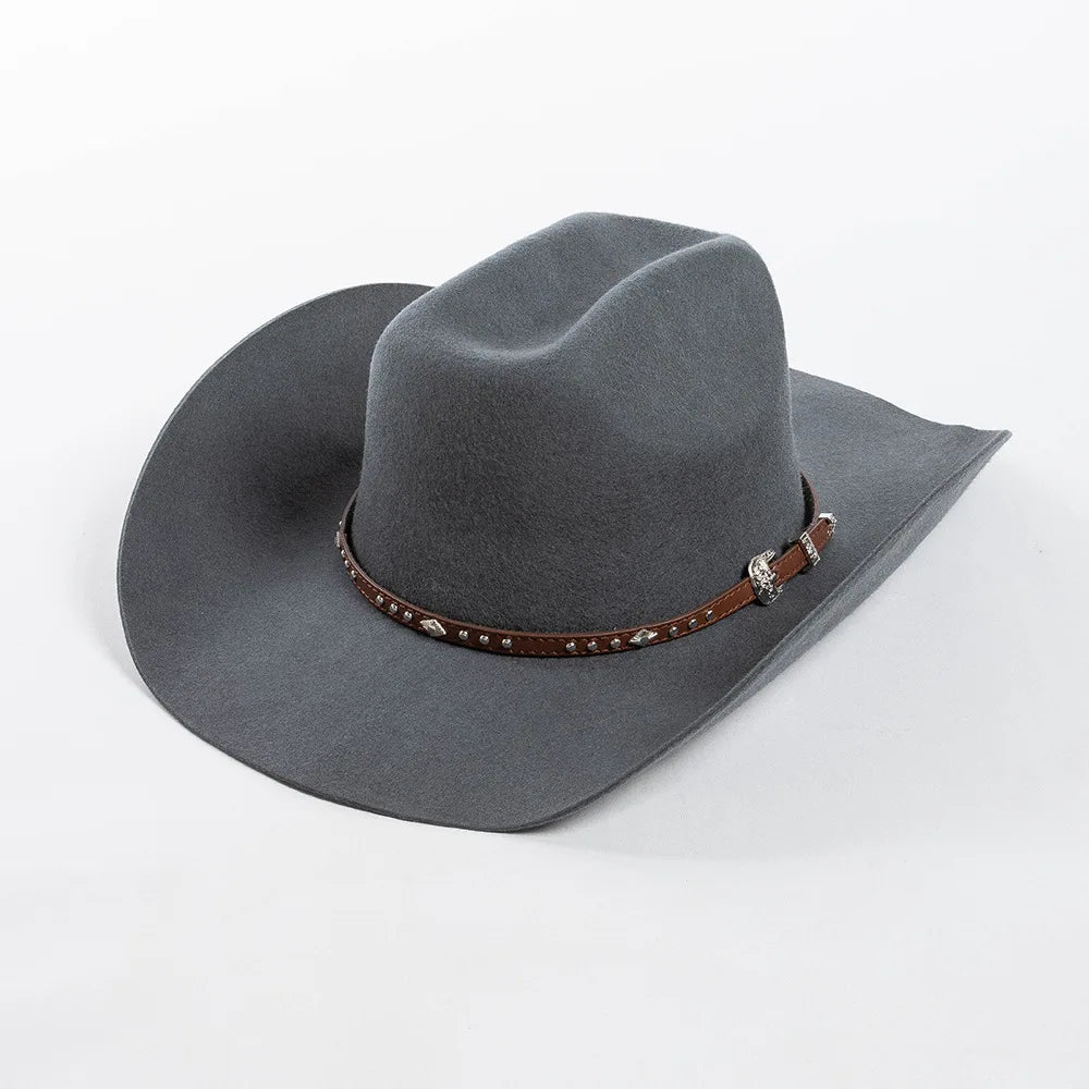 A gray wool cowboy hat with a studded leather band around the crown.