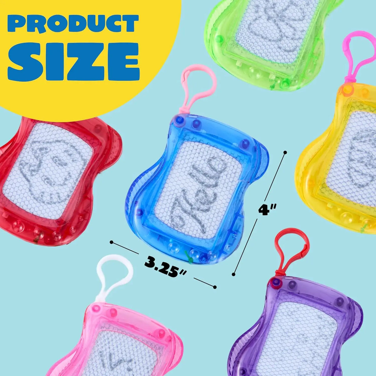 A collection of mini magnetic drawing boards in various colors, including pink, blue, yellow, and purple, with attached keych