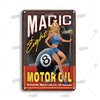 Vintage metal sign advertising Magic Eight Motor Oil featuring a woman and the number 8