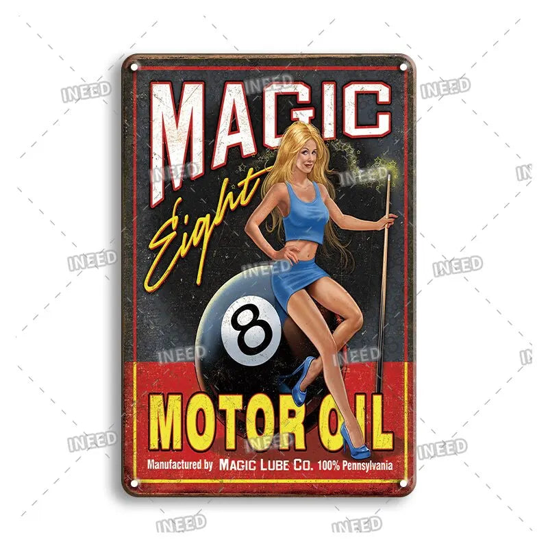 Vintage metal sign advertising Magic Eight Motor Oil featuring a woman and the number 8