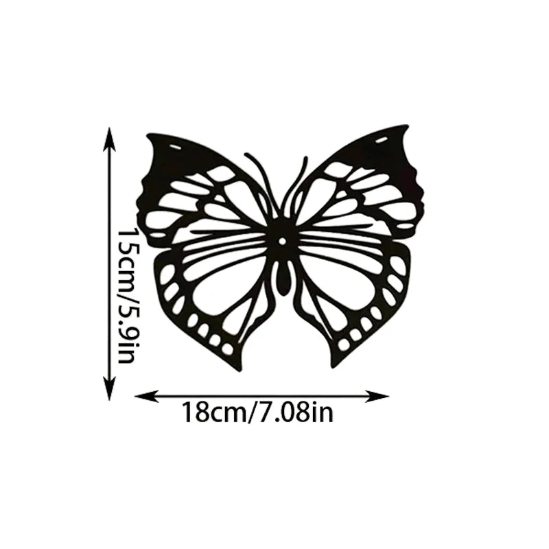 Black metal butterfly wall art set showing the outline of a butterfly with dimensions 15cm/5.9in and 18cm/7.08in