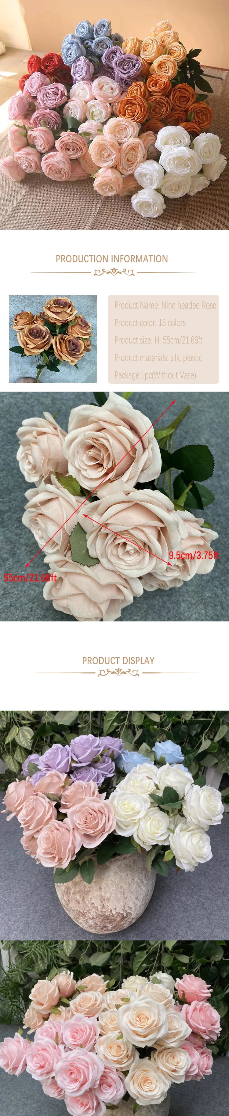 A bouquet of silk roses in various shades of pink, peach, and white arranged for weddings and home decor.