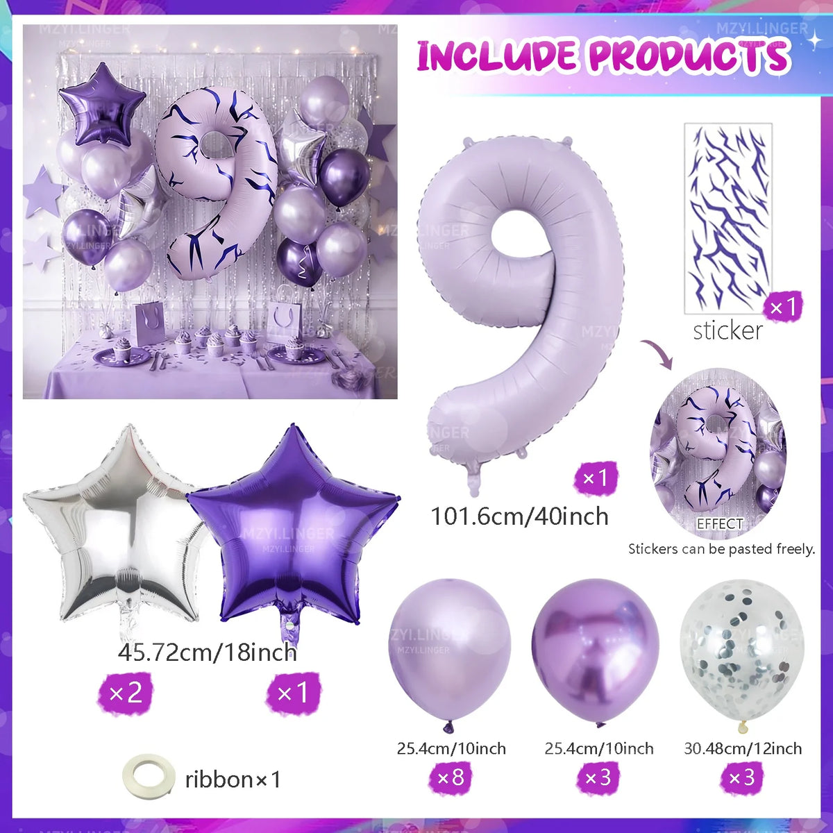 A set of purple and silver balloons, including a large number balloon, star balloons, and ribbons for themed events.