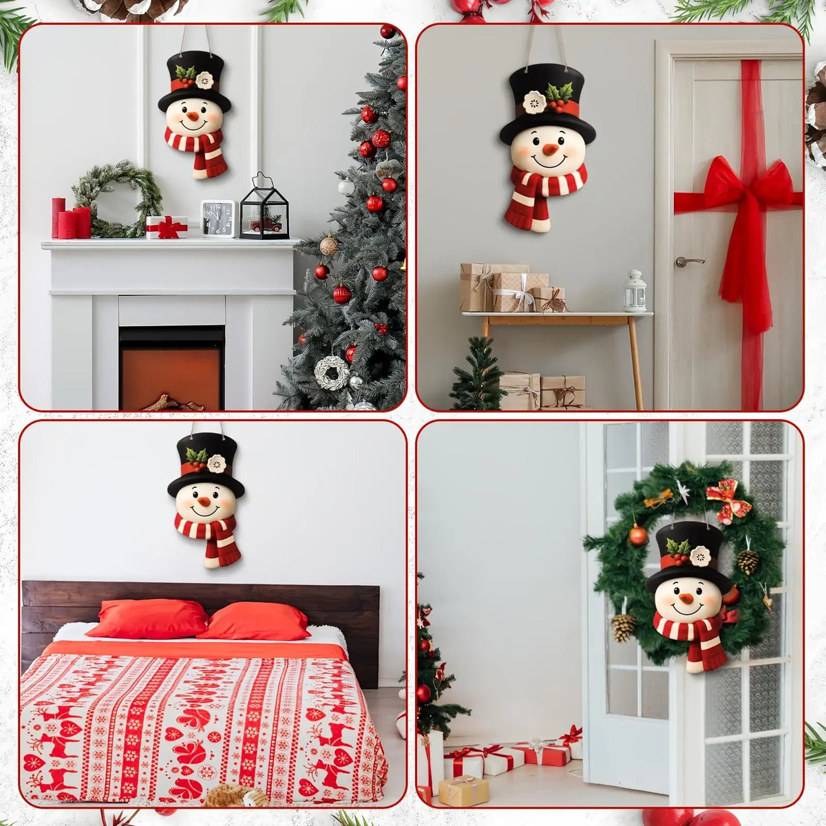 A collection of rustic Christmas decorations including a wooden snowman, wreaths, and festive holiday decor.