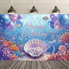 A vibrant birthday backdrop featuring purple and blue balloons, fish, and coral in a mermaid theme.