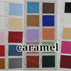 A color swatch chart displaying various shades of caramel fabric for weddings and events.