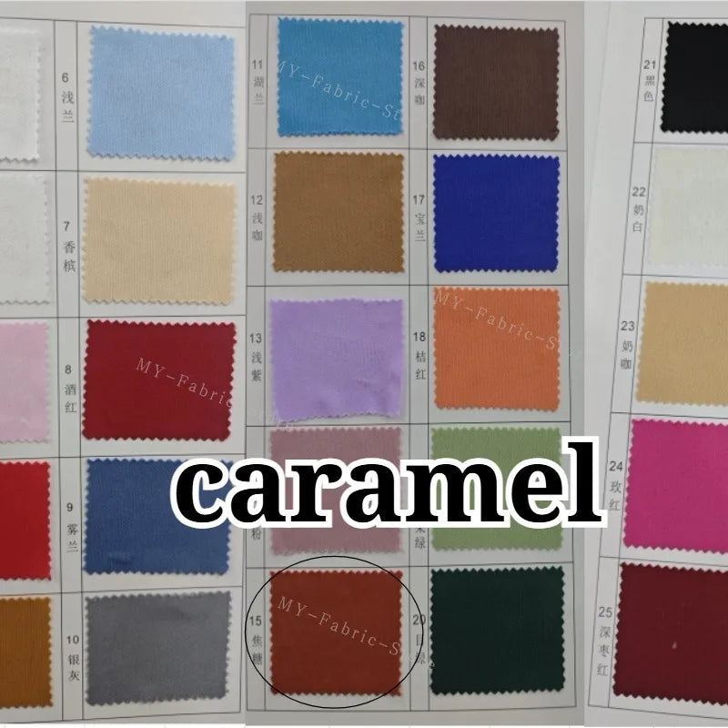 A color swatch chart displaying various shades of caramel fabric for weddings and events.