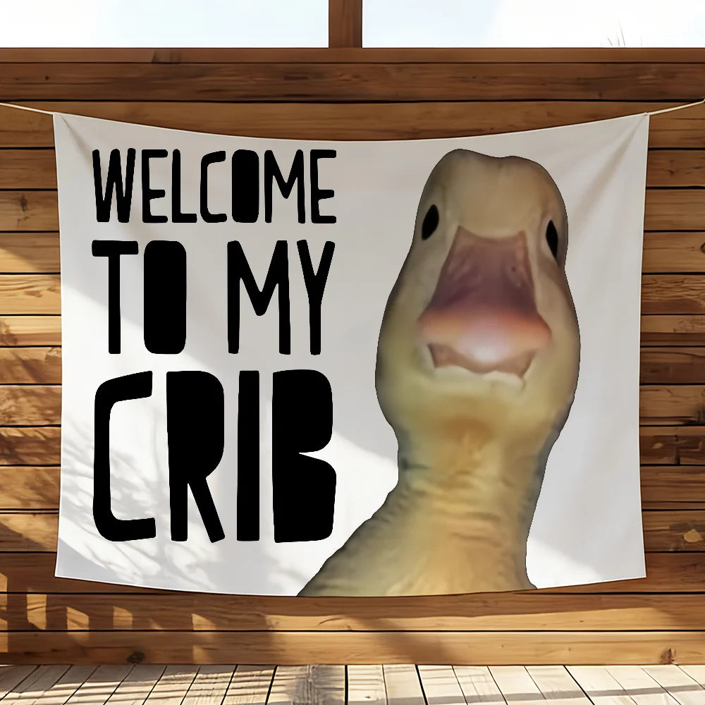A banner featuring a cartoon duck's head saying Welcome to My Crib on a white background.