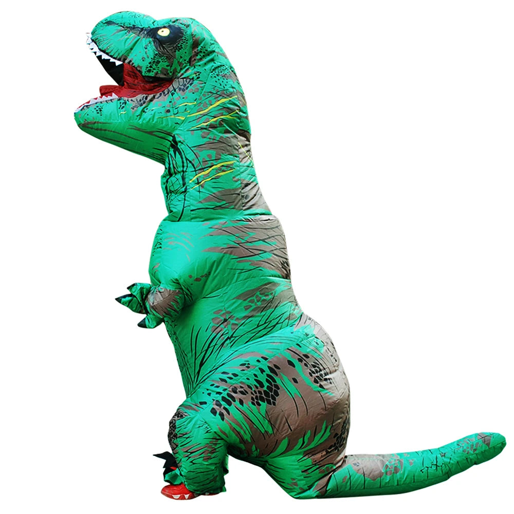 A green inflatable adult T-Rex costume with textured skin and large teeth.