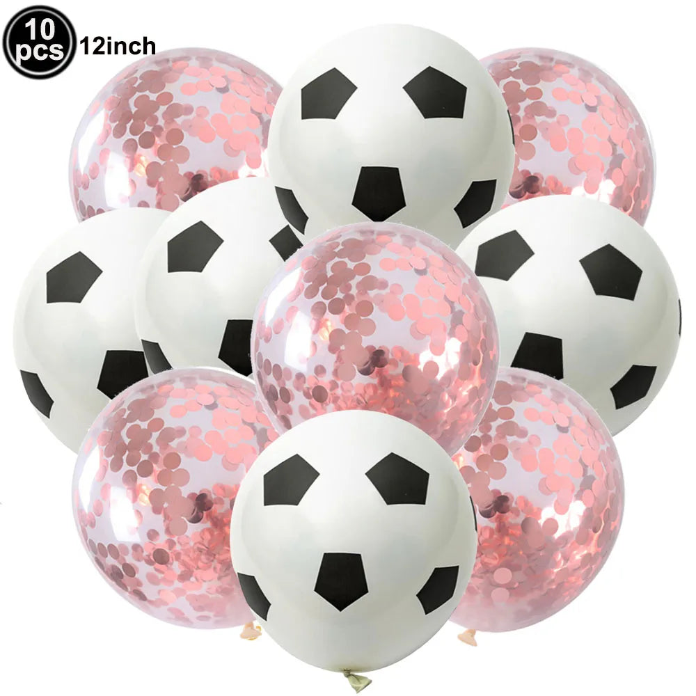 A pack of ten black and white soccer ball shaped latex balloons for party decorations.