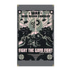 A dark, distressed banner featuring a stylized war theme with gears and soldiers, proclaiming War Never Changes and Fight the