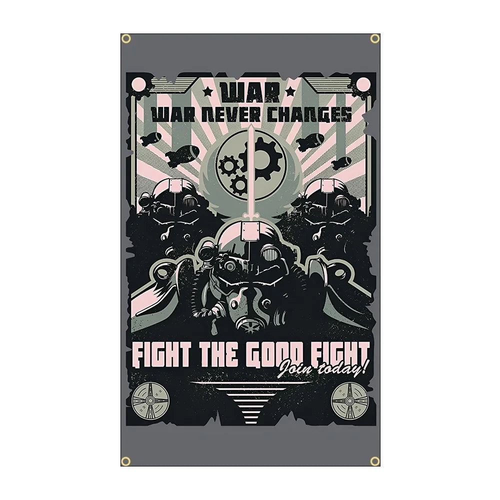 A dark, distressed banner featuring a stylized war theme with gears and soldiers, proclaiming War Never Changes and Fight the