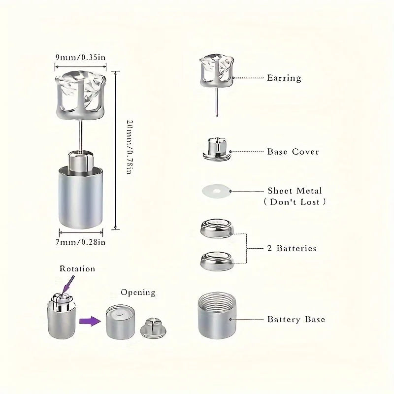 A set of silver LED light-up flashing stud earrings with a base cover and battery components.