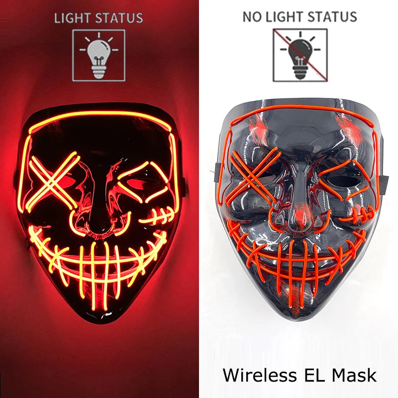 A glowing red LED mask featuring a skull design, shown in both light status and no light status.