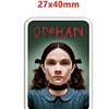 A flatback charm featuring a portrait of Orphan in red lettering on a dark green background.