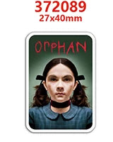 A flatback charm featuring a portrait of Orphan in red lettering on a dark green background.