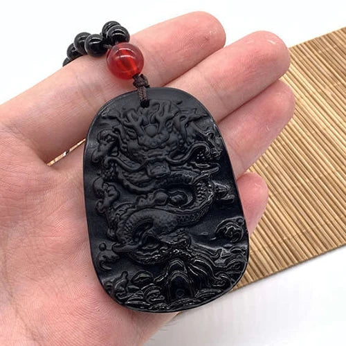 Amitabha Buddha Carved Obsidian Pendant Necklace