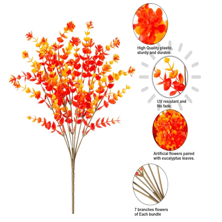 Künstliche orangefarbene Sträucher mit Blüten und Eukalyptusblättern, hochwertige, stabile, langlebige, UV-beständige Plastik