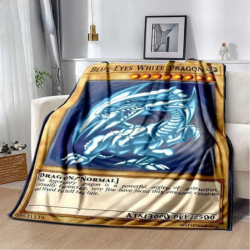 A blue and white dragon design printed on a throw blanket for Yu-Gi-Oh!