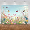 A vibrant photo backdrop featuring a field of colorful flowers and butterflies against a light blue sky.
